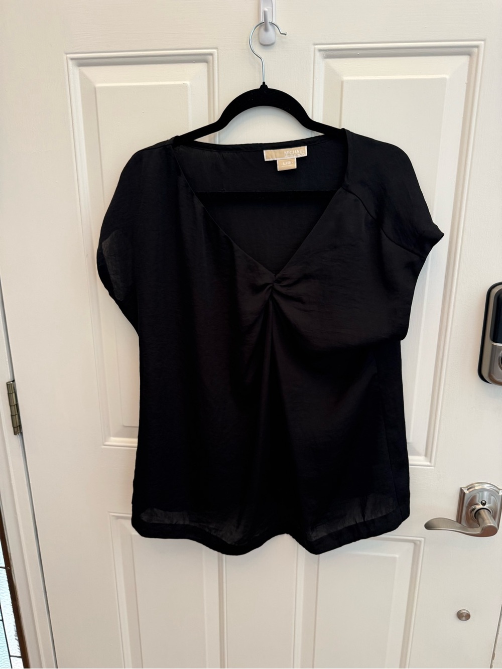 Michael Kors Black V-neck short Sleeve Top satin sheen